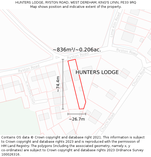 HUNTERS LODGE, RYSTON ROAD, WEST DEREHAM, KING'S LYNN, PE33 9RQ: Plot and title map