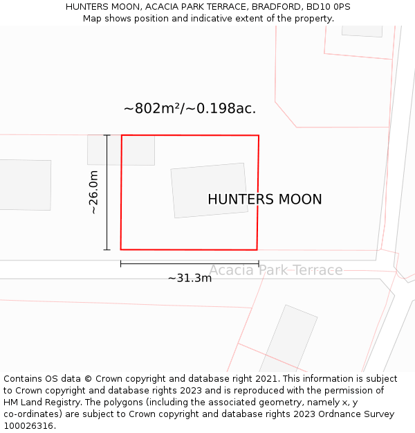 HUNTERS MOON, ACACIA PARK TERRACE, BRADFORD, BD10 0PS: Plot and title map