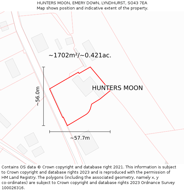 HUNTERS MOON, EMERY DOWN, LYNDHURST, SO43 7EA: Plot and title map