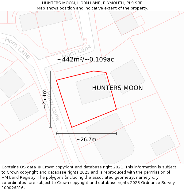 HUNTERS MOON, HORN LANE, PLYMOUTH, PL9 9BR: Plot and title map