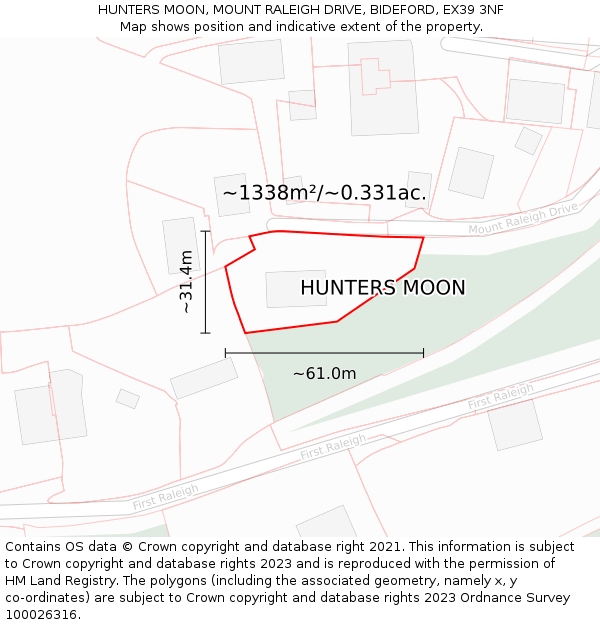 HUNTERS MOON, MOUNT RALEIGH DRIVE, BIDEFORD, EX39 3NF: Plot and title map