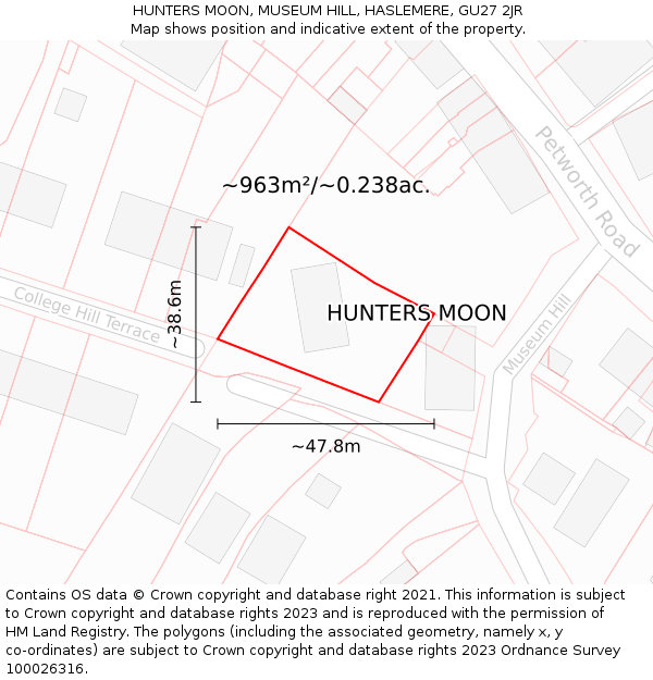 HUNTERS MOON, MUSEUM HILL, HASLEMERE, GU27 2JR: Plot and title map