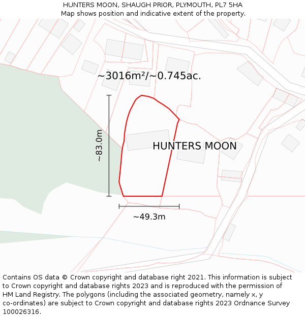 HUNTERS MOON, SHAUGH PRIOR, PLYMOUTH, PL7 5HA: Plot and title map