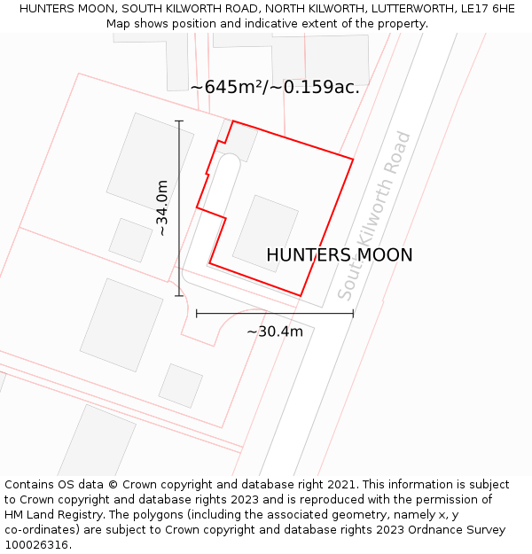 HUNTERS MOON, SOUTH KILWORTH ROAD, NORTH KILWORTH, LUTTERWORTH, LE17 6HE: Plot and title map
