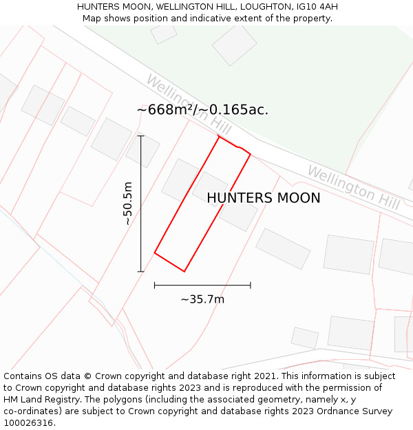 HUNTERS MOON, WELLINGTON HILL, LOUGHTON, IG10 4AH: Plot and title map