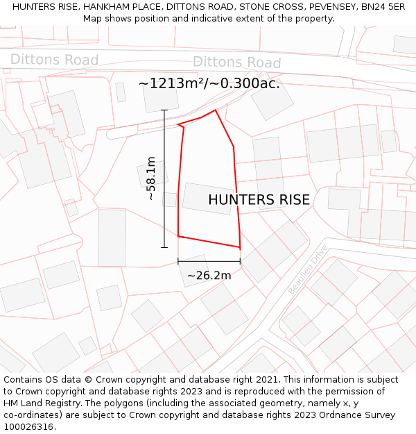 HUNTERS RISE, HANKHAM PLACE, DITTONS ROAD, STONE CROSS, PEVENSEY, BN24 5ER: Plot and title map