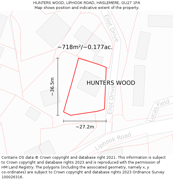 HUNTERS WOOD, LIPHOOK ROAD, HASLEMERE, GU27 1PA: Plot and title map