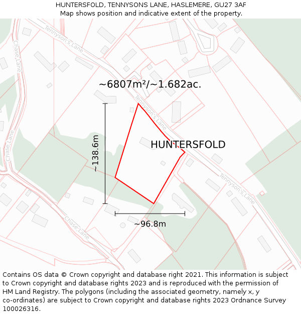 HUNTERSFOLD, TENNYSONS LANE, HASLEMERE, GU27 3AF: Plot and title map