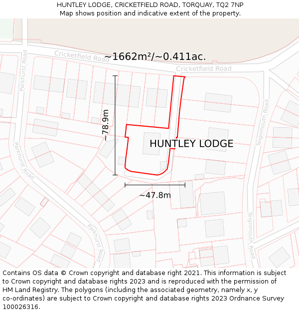 HUNTLEY LODGE, CRICKETFIELD ROAD, TORQUAY, TQ2 7NP: Plot and title map