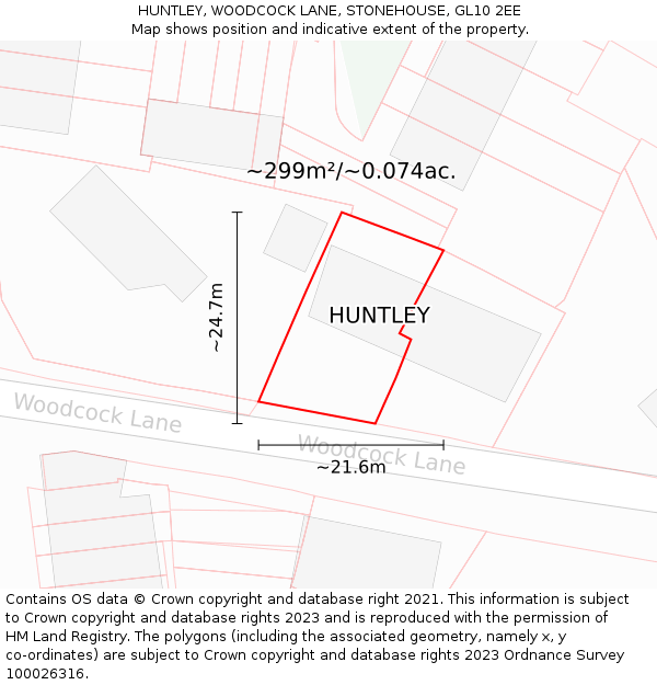 HUNTLEY, WOODCOCK LANE, STONEHOUSE, GL10 2EE: Plot and title map