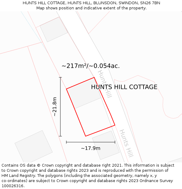 HUNTS HILL COTTAGE, HUNTS HILL, BLUNSDON, SWINDON, SN26 7BN: Plot and title map