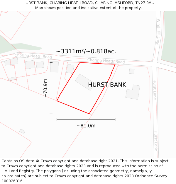 HURST BANK, CHARING HEATH ROAD, CHARING, ASHFORD, TN27 0AU: Plot and title map