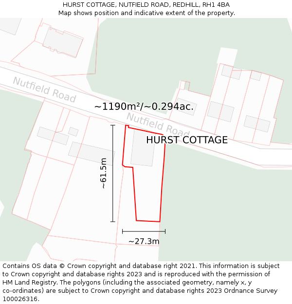 HURST COTTAGE, NUTFIELD ROAD, REDHILL, RH1 4BA: Plot and title map