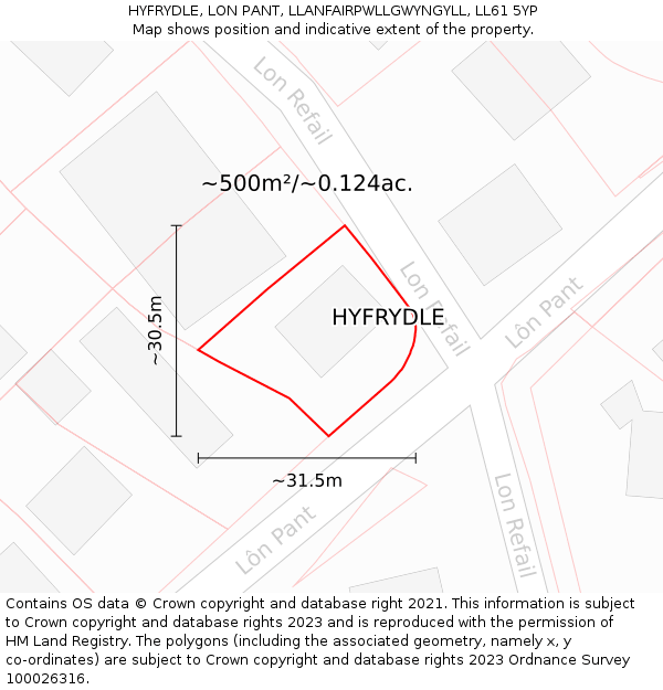 HYFRYDLE, LON PANT, LLANFAIRPWLLGWYNGYLL, LL61 5YP: Plot and title map