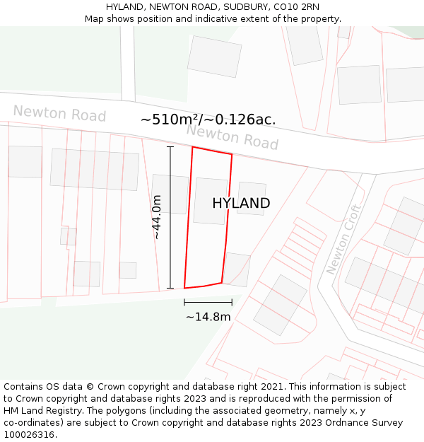 HYLAND, NEWTON ROAD, SUDBURY, CO10 2RN: Plot and title map