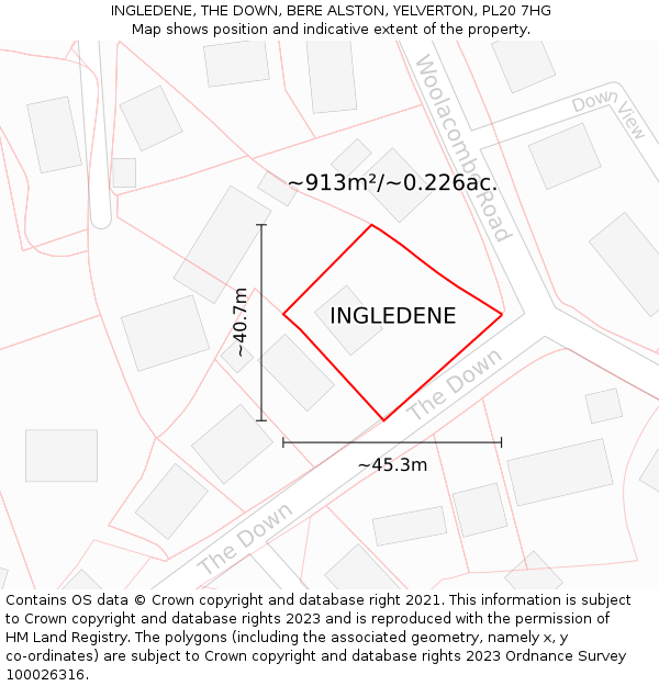 INGLEDENE, THE DOWN, BERE ALSTON, YELVERTON, PL20 7HG: Plot and title map