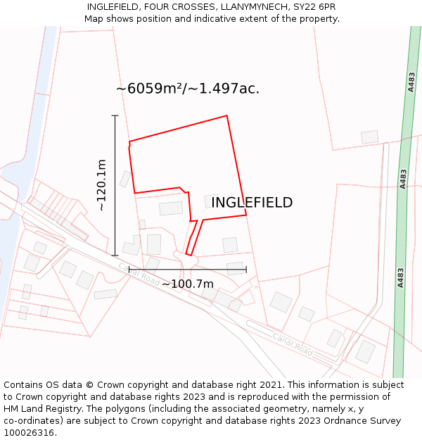 INGLEFIELD, FOUR CROSSES, LLANYMYNECH, SY22 6PR: Plot and title map