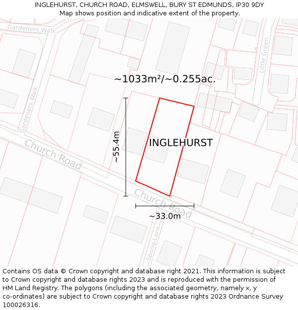 INGLEHURST, CHURCH ROAD, ELMSWELL, BURY ST EDMUNDS, IP30 9DY: Plot and title map