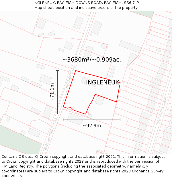 INGLENEUK, RAYLEIGH DOWNS ROAD, RAYLEIGH, SS6 7LP: Plot and title map