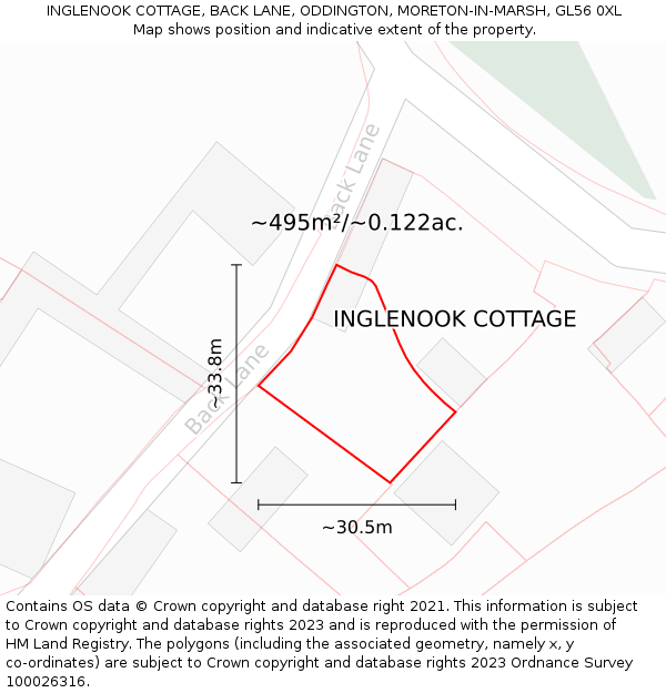 INGLENOOK COTTAGE, BACK LANE, ODDINGTON, MORETON-IN-MARSH, GL56 0XL: Plot and title map