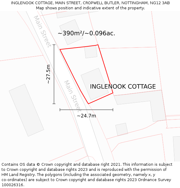 INGLENOOK COTTAGE, MAIN STREET, CROPWELL BUTLER, NOTTINGHAM, NG12 3AB: Plot and title map