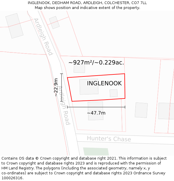 INGLENOOK, DEDHAM ROAD, ARDLEIGH, COLCHESTER, CO7 7LL: Plot and title map