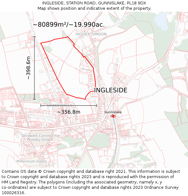 INGLESIDE, STATION ROAD, GUNNISLAKE, PL18 9DX: Plot and title map