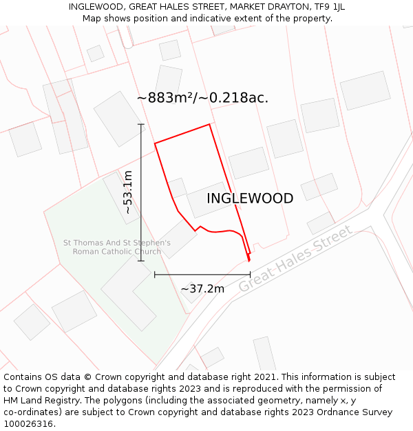 INGLEWOOD, GREAT HALES STREET, MARKET DRAYTON, TF9 1JL: Plot and title map