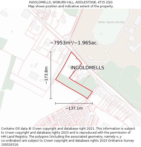 INGOLDMELLS, WOBURN HILL, ADDLESTONE, KT15 2QG: Plot and title map