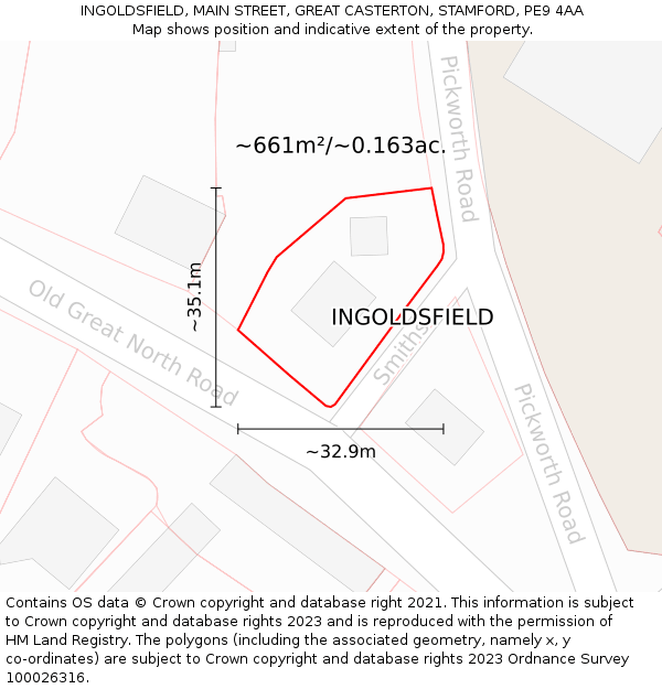 INGOLDSFIELD, MAIN STREET, GREAT CASTERTON, STAMFORD, PE9 4AA: Plot and title map