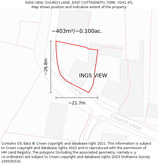 INGS VIEW, CHURCH LANE, EAST COTTINGWITH, YORK, YO42 4TL: Plot and title map