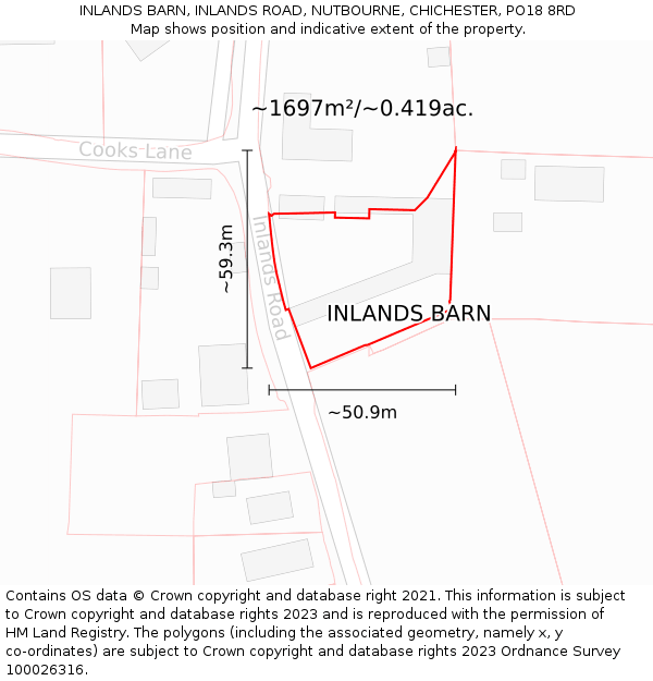 INLANDS BARN, INLANDS ROAD, NUTBOURNE, CHICHESTER, PO18 8RD: Plot and title map