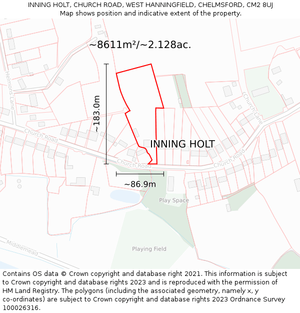 INNING HOLT, CHURCH ROAD, WEST HANNINGFIELD, CHELMSFORD, CM2 8UJ: Plot and title map