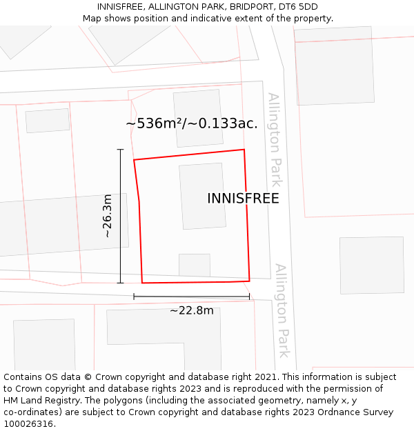 INNISFREE, ALLINGTON PARK, BRIDPORT, DT6 5DD: Plot and title map