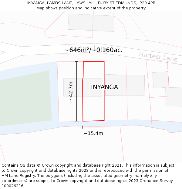 INYANGA, LAMBS LANE, LAWSHALL, BURY ST EDMUNDS, IP29 4PR: Plot and title map