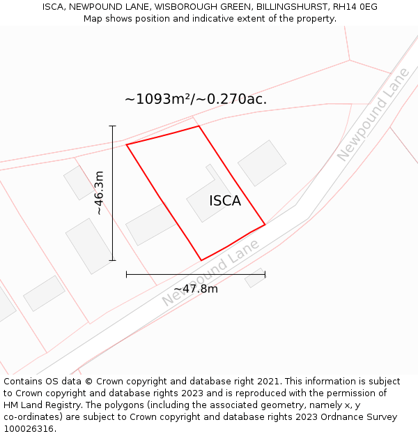 ISCA, NEWPOUND LANE, WISBOROUGH GREEN, BILLINGSHURST, RH14 0EG: Plot and title map