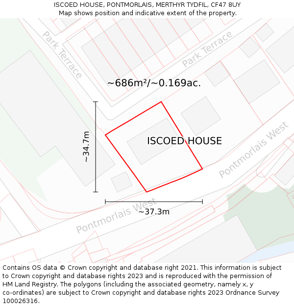 ISCOED HOUSE, PONTMORLAIS, MERTHYR TYDFIL, CF47 8UY: Plot and title map