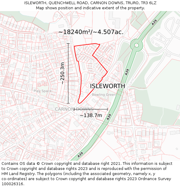 ISLEWORTH, QUENCHWELL ROAD, CARNON DOWNS, TRURO, TR3 6LZ: Plot and title map