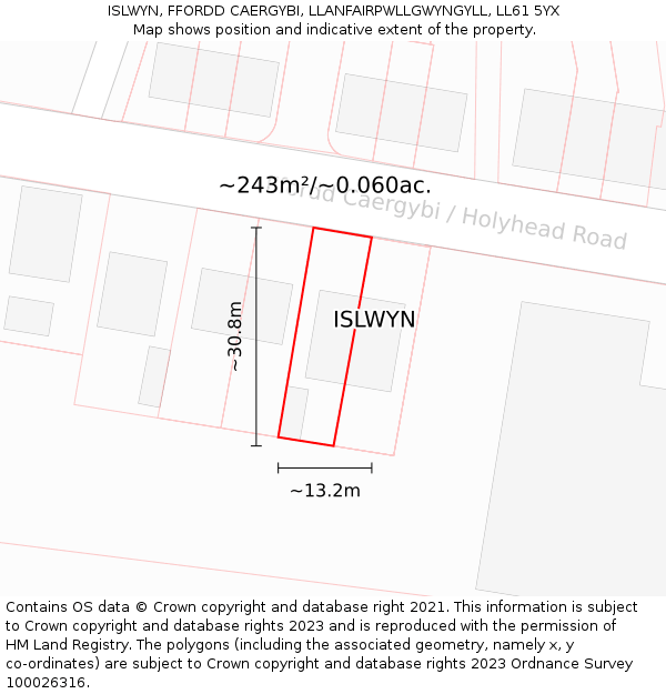 ISLWYN, FFORDD CAERGYBI, LLANFAIRPWLLGWYNGYLL, LL61 5YX: Plot and title map