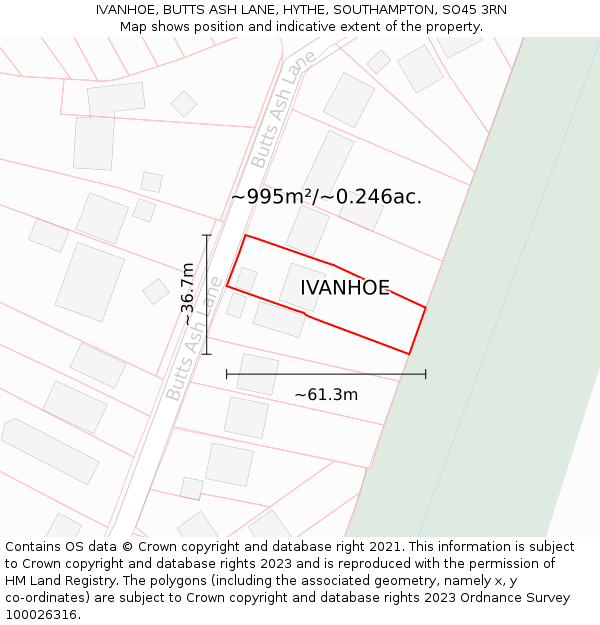 IVANHOE, BUTTS ASH LANE, HYTHE, SOUTHAMPTON, SO45 3RN: Plot and title map