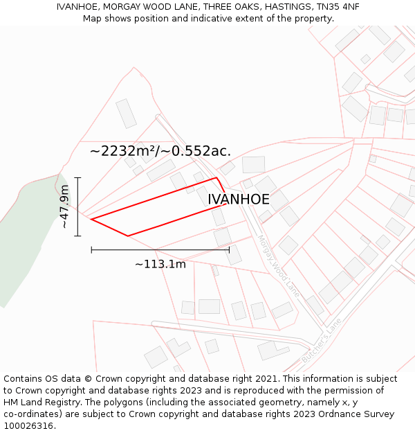 IVANHOE, MORGAY WOOD LANE, THREE OAKS, HASTINGS, TN35 4NF: Plot and title map