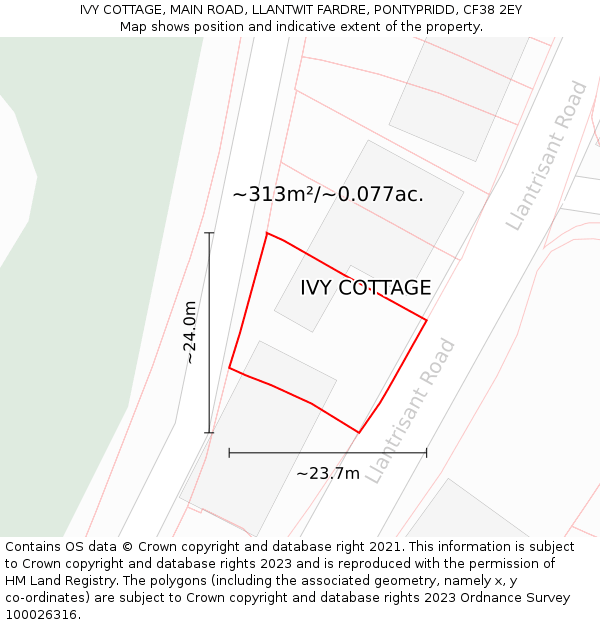 IVY COTTAGE, MAIN ROAD, LLANTWIT FARDRE, PONTYPRIDD, CF38 2EY: Plot and title map