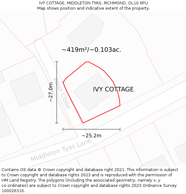 IVY COTTAGE, MIDDLETON TYAS, RICHMOND, DL10 6PU: Plot and title map