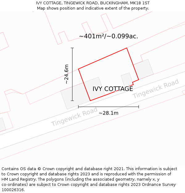 IVY COTTAGE, TINGEWICK ROAD, BUCKINGHAM, MK18 1ST: Plot and title map