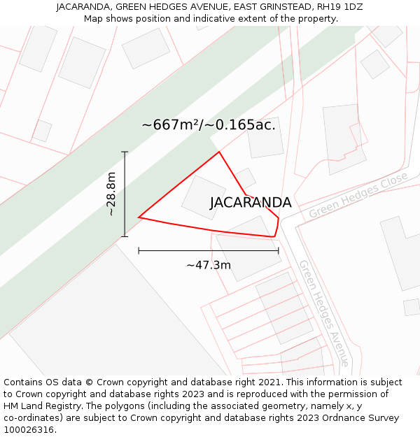 JACARANDA, GREEN HEDGES AVENUE, EAST GRINSTEAD, RH19 1DZ: Plot and title map