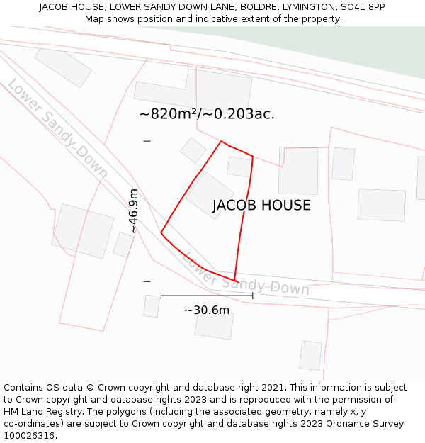 JACOB HOUSE, LOWER SANDY DOWN LANE, BOLDRE, LYMINGTON, SO41 8PP: Plot and title map