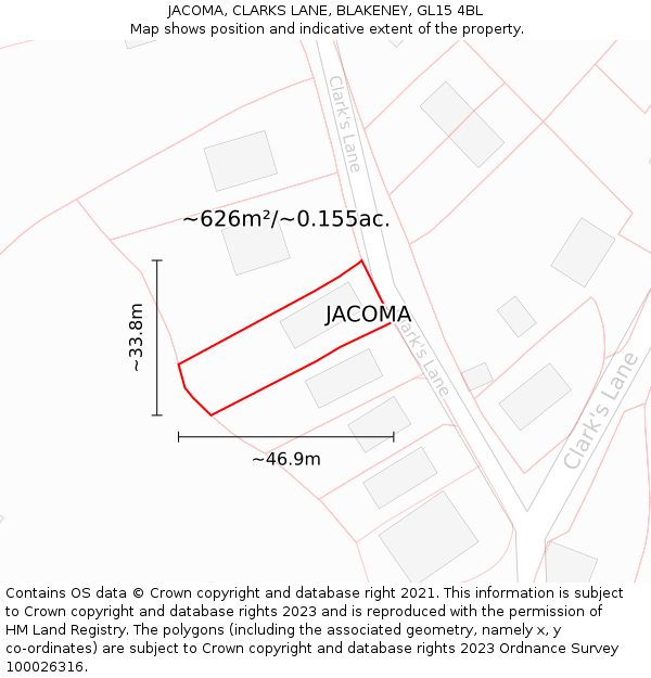 JACOMA, CLARKS LANE, BLAKENEY, GL15 4BL: Plot and title map