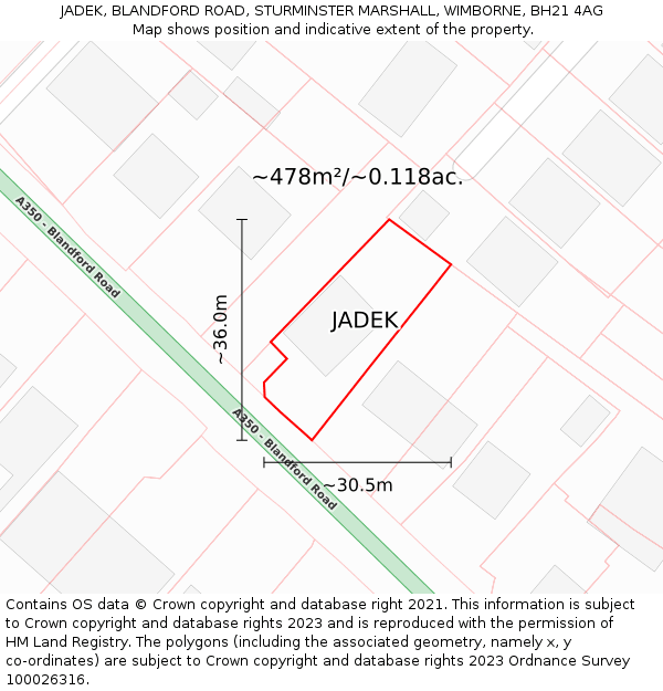 JADEK, BLANDFORD ROAD, STURMINSTER MARSHALL, WIMBORNE, BH21 4AG: Plot and title map