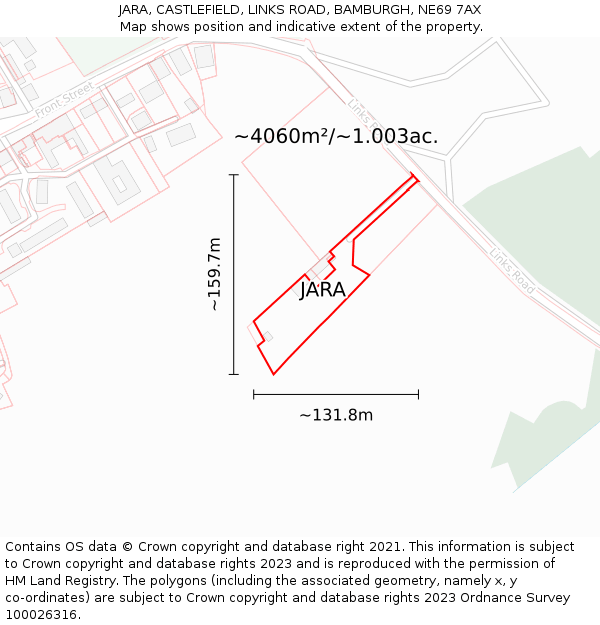 JARA, CASTLEFIELD, LINKS ROAD, BAMBURGH, NE69 7AX: Plot and title map