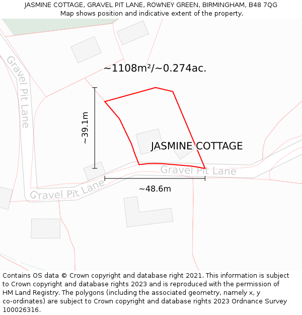 JASMINE COTTAGE, GRAVEL PIT LANE, ROWNEY GREEN, BIRMINGHAM, B48 7QG: Plot and title map